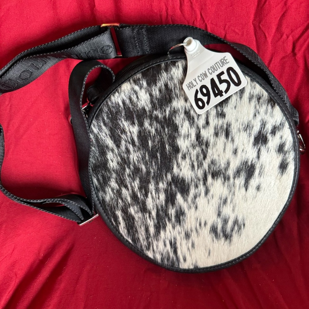 Holy Cow NEW Large Canteen $225 Round Black and White Cowhide Crossbody Bag